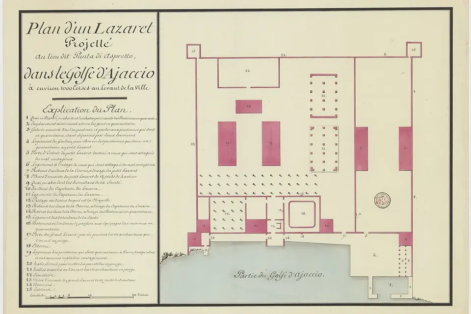 Plan ancien aquarellé d'un lazaret projeté à la pointe d'Aspretto : enceinte rectangulaire, bâtiments en rose autour d'une cour, légende manuscrite à gauche