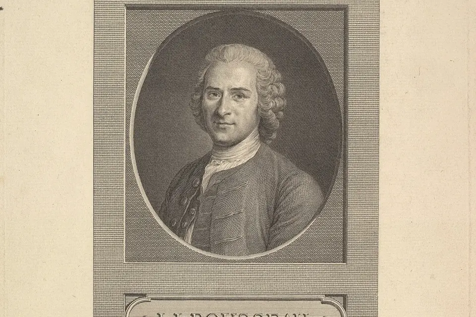 Gravure ancienne : portrait en médaillon de Jean-Jacques Rousseau, avec l'inscription J. J. Rousseau dans un cartouche